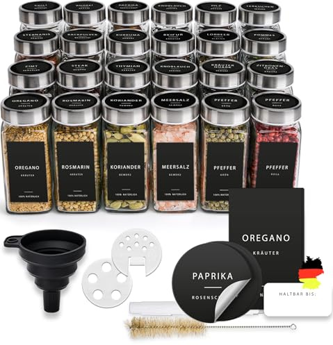 Happy Lemuro Gewürzgläser Eckig [24 x 120 ml] Gewürzbehälter mit 301 Etiketten, Edelstahldeckeln | Gewürzdosen Set | Gewürzaufbewahrung, Gewürzglas, Gewürz Organizer, Streueinsatz