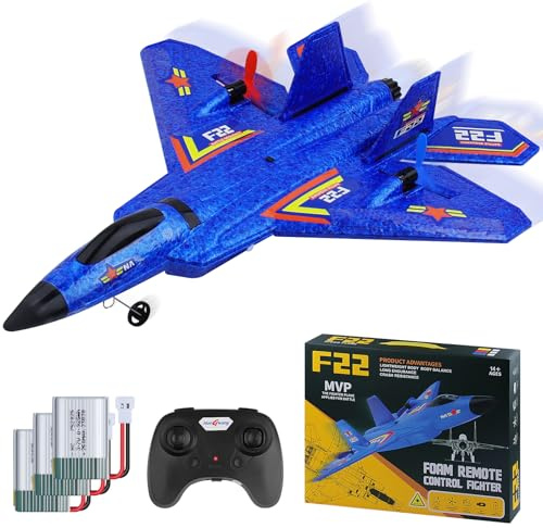 yusvwkj HW32/F22 RC Plane with 3 Batteries Ready to Fly, 2.4GHz Remote Control Airplanes with Colored LED Lights, Airplane Toy Remote Controlled Fighter RC Glider for Kids Beginners Adults Blue