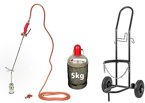 ROTHENBERGER Industrial Abflammgerät Anwärmbrenner Unkrautvernichter PREMIUM inkl. 5m Gasschlauch und 4bar Druckregler mit Transportwagen | Sackkarre und Propangasflasche 5 kg (leer)