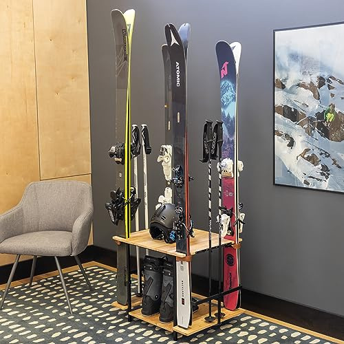 Teal Triangle Skihalter für Garagen - Freistehende Skihalter für 4 Paar Ski, Skistiefel, Stöcke, Helm und mehr, robuste Stahlbodenhalterung für Garage, Keller