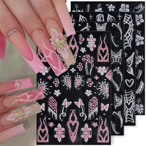 Glitter Nail Stickers for Women Flame Butterfly Nail Decals for Nail Art Supplies Pink White Flower Stickers for Nails Design Star Heart Sticker Nails Supplies Manicure Decor Fingernail Decals