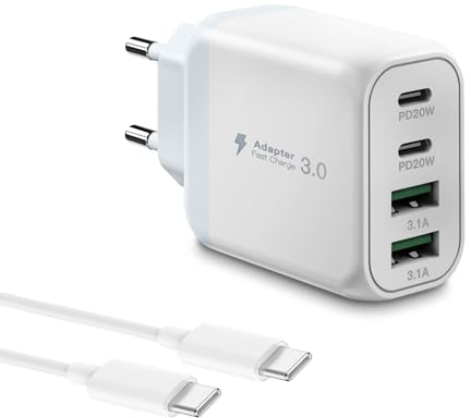 USB C Ladegerät, Gcstnn 40W Schnellladegerät mit 2M 3A Type-C Kable 4 Port PD3.0 QC3.0 USB C Ladestecker für iPhone 15 Plus 14 Pro Max 13 Pro 12 Mini,Samsung Galaxy,Google,Xiaomi Handy Ladegerät-Weiß