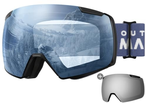 OutdoorMaster Heron Ski Goggles with 2 Lens, Frameless, Magnetic Interchangeable HD Toric Lens, OTG Snowboard Goggles(BlackFrame LightBlue Vlt 80% + SilverLens)