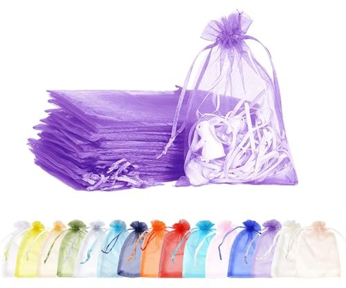 100 stycken ljuslila organzapåsar, 7 x 9 cm, små presentpåsar av organza med dragsko. Perfekt som bröllopsgodispåsar, smyckespåsar, julklappar, födelsedagspresenter