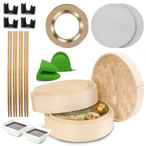 Gourmet-Heaven Kit de panier vapeur en bambou, 2 étages - 25,4 cm - Rond - Cuiseur vapeur en bambou pour la cuisson des boulettes, Momo, Bao Buns, aliments asiatiques et chinois