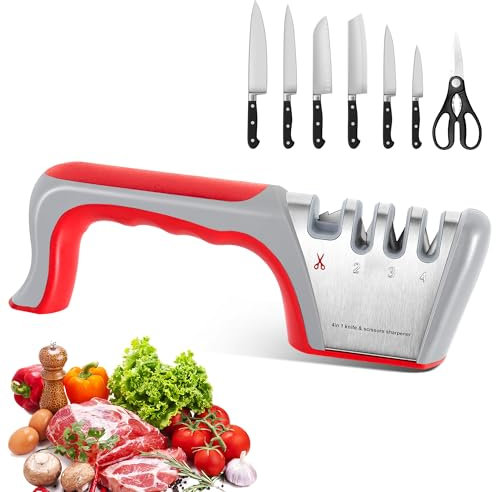 WUFANC Aiguiseur Couteaux Professionnel Manuel pour Couteaux de Cuisine 4 Phases - Affuteur de Couteaux avec Design Ergonomique - Pierre Céramique/Carbure Tungstène/Diamant - Grau et Rouge