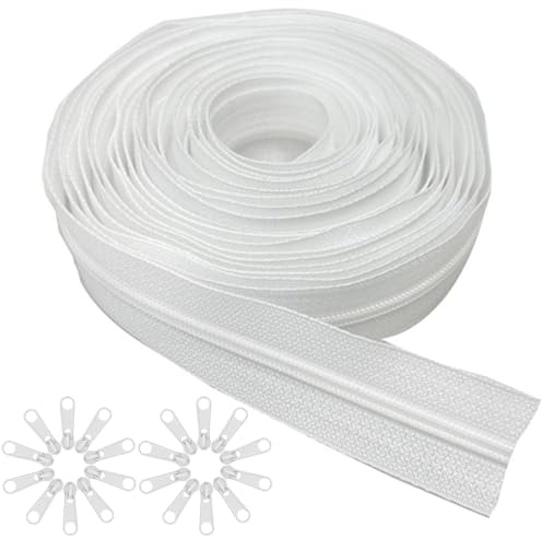 Tucireat Cremallera continua de nailon de 5 m + 20 deslizadores de metal. Tamaño de la cadena #5 – Ancho 32 mm, cremallera sin fin para ropa de cama, cremallera de nailon para costura DIY en bolsos,