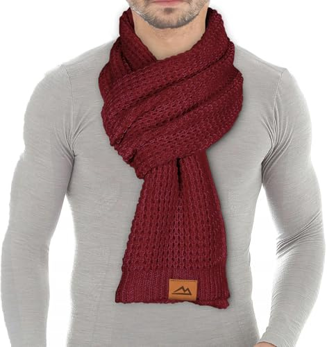 Loowoko Schal Herren Damen winter, Klassische waffel strickschal, Langschal mit Echt-Leder Veredelung, Geschenk für Mann und Vater