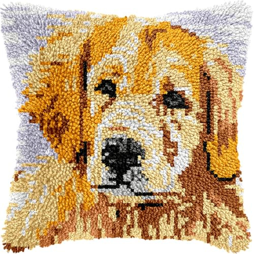 Kitquiver Diy Knüpfkissen Mit Vordruck Golden Retriever Tier Knüpfhaken Set Kissen Home Decor Besticktes Kissen Set, Stickset Für Anfänger Und Erwachsene 17x17in