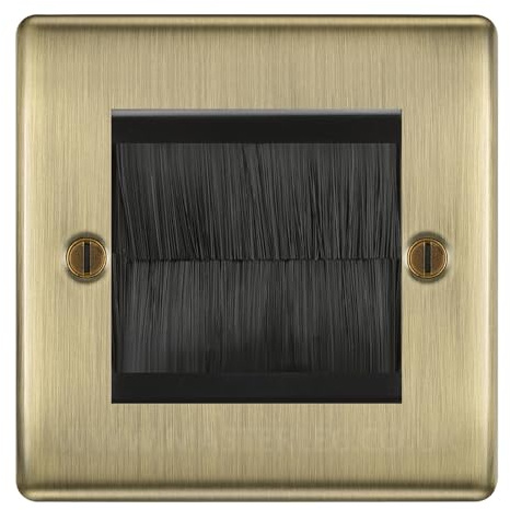BG Antique Brass Single 2 Gang Brush Cable Entry Wall Plate Black Insert Square
