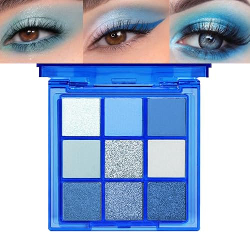 Lilbitty 1er Set 9 Farben Glitzer Lidschatten Palette, Wasserfest Pigmentierte Augen Make-up Palette in Blau Silber Schimmer, Langanhaltender Lidschatten für Frauen und Mädchen