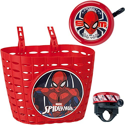 alles-meine.de GmbH 2 TLG. Set: Fahrradklingel + Fahrradkorb - Spyderman - UNIVERSAL Ding Dong - 2 Klang - Klingel für das Fahrrad/Jungen Mädchen - kleine Lenkerklingel - Korb ..