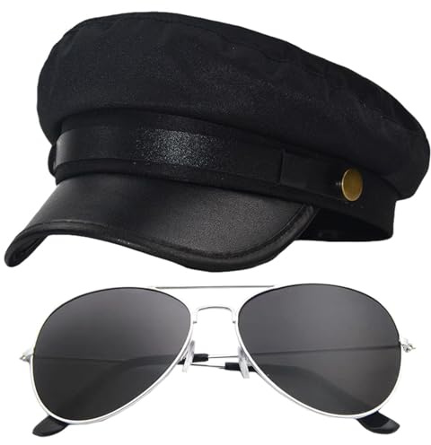 FDGGT 1 Casquette Plate Et 1 Lunettes, Casquette Respirante Polyvalente, Casquette en Cuir PU, Casquette De Pilote, Accessoires De Cosplay