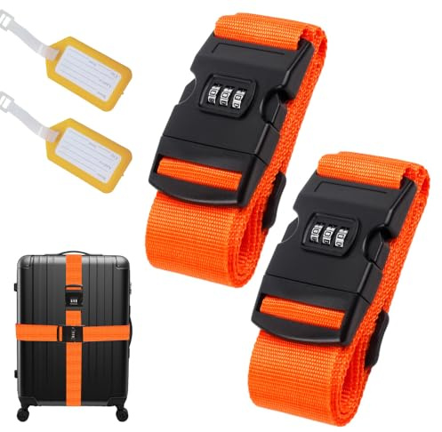 2 StüCk Kofferband Mit Schloss, Kofferband AuffäLlig, StrapazierfäHiges Gurtband Mit Hoher Dichte, GepäCkband Ideal üBer Kreuz, Inkl. 2 Namensschildern，orange (Farbe)