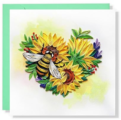 MeeSunnie Sunflower Heart with Bee Card, Quilling Cards for All Occasions, Birthday, Mothers Day, Anniversary, Watercolor Classy Card for Women, Mom