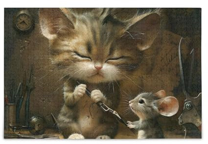 Funny Cat Mouse Cute Jigsaw Puzzle Game Home Wall Artwork Challenge Puzzles for Adult, Finished Size 29.5 x 19.7