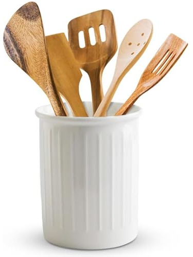 Roysmart Porte-ustensiles de cuisine en céramique blanche, grand porte-ustensiles de cuisine, en relief, rangement du plan de travail, 13,4 x 10,8 cm