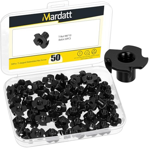 Mardatt 50 Stück M6 x 10mm schwarz verzinkter Kohlenstoffstahl T-Muttern-Kit, Heavy Duty 4 gespannte T-Muttern für Holz, Kletterhalter, Schrank, Möbel