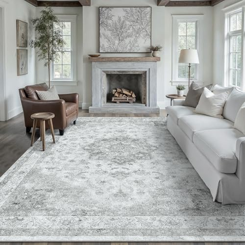 PureCozy Vintage Vardagsrum Matta 200 x 300 cm Stor Grå Mattor Tvättbar Halkfri Golvmatta Sovrum Rug Matsal Kontor Utomhus Barnrum Balkong Rugs Mjuk Kort Lugg Carpet