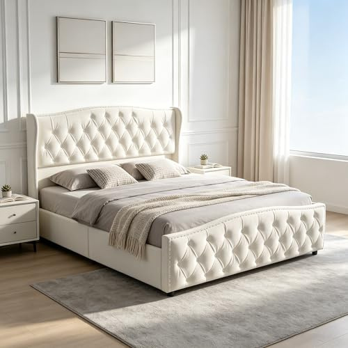 EZSSW Polsterbett 140x200 mit Stauraum und Bettkasten, Doppelbett mit Lattenrost, Samtbett mit hydraulischem Bettkasten, gepolstertes Bett mit Flügelkopfteil und Knopfheftung, Beige
