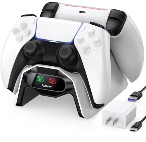 Fachixy PS5 Controller Ladestation, PS5 Ladestation 2 Std Schnelllade mit EU-Netzteil für PlayStation 5 Ladegerät, PS5 Ladegerät Controller Zubehörsets für PlayStation 5 Wireless Controller, Weiß