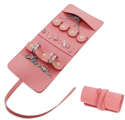 AdiStylinno Rouleaux de bijoux pour voyage, petit organisateur de bijoux de voyage pliable, pochette à bijoux de voyage portable pour colliers, bagues, boucles d'oreilles (rose)