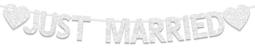 Gleemix Just Married Girlande, Hochzeit Deko Banner, Just Married Deko Banner, Silber Hochzeit Girlande Deko für Brautdusche, Hochzeitszeremonie, Hochzeitsempfang
