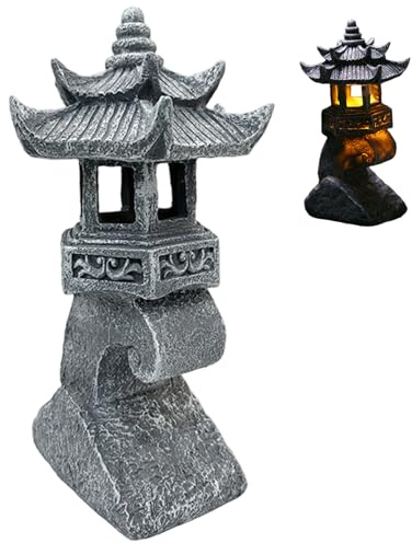 Statues de pagode japonaise, lanterne de pagode solaire en résine étanche, lanterne pierre japonaise décorative 4x6x13 pouces pour jardin yard pelouse balcon porche pierre