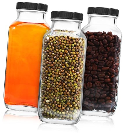 Hemobllo 3 piezas Botellas de Vidrio para Leche y Jugo con Tapas Negras Frascos Herméticos de Octagonales Reutilizables Resistentes y Fáciles de Limpiar para Almacenamiento Reutilizable