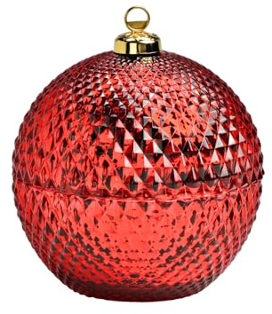 Dekohelden24 Edle Glaskugel, Gebäckdose, Aufbewahrungsbehälter, Glasschale, Baumkugeldose, Dekoschale, Glasbehälter als Weihnachtskugel mit goldenem Krönchen aus Glas in rot, L/B/H 15 x 13 x 13 cm.