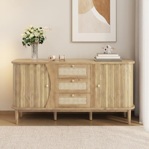 LULUWA Buffet avec portes coulissantes 140,5x40x76cm, commode en rotin avec étagères réglables et plateau arrondi Commode armoire placard pour vaisselle (Bois)