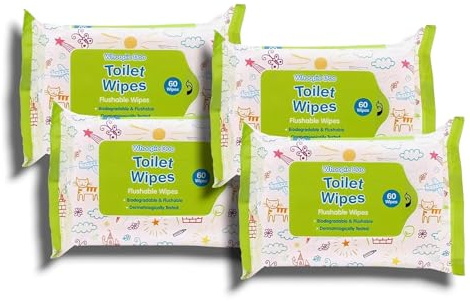 4x Whoopie Doo | Biodegradable Flushable Toilet Wipes | Dermatologically Tested | 60 Wipes in Each Pack | 240 wipes in Total