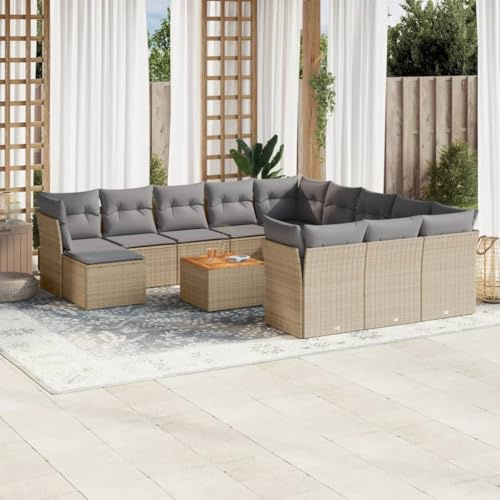 QJBSAVVA 13-TLG. Garten-Sofagarnitur Beige Poly Rattan 62x62x69 cm mit Akazienholztisch, modular & langlebig, robuster Sitzkomfort für kleine Balkons, Terrassen, Innenhöfe und Garten