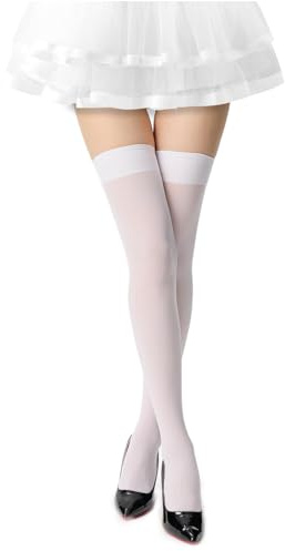UXQEJO Women's Hold-ups Knee High Long Socks, Snag-Resistant Thigh High Opaque Stockings, Costume Hosiery for Halloween White