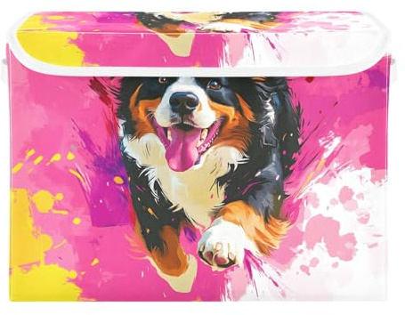 senya Large Storage Bins with Linen Collapsible Foldable Storage Cubes Closet Organizer Containers box Flip-Top Lid for Home Bedroom Office 16.7 x 12.6 x 11.8in Bernese Dog Running