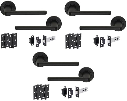 Hunta HANDLEZONE® Elio Matt Black Internal Door Handle Pack - 3 Pack - Lever on Rose Set - 76mm Tubular Latch (57mm Backset) & 2 Ball Bearing Hinges - Passage for Internal Wooden Doors