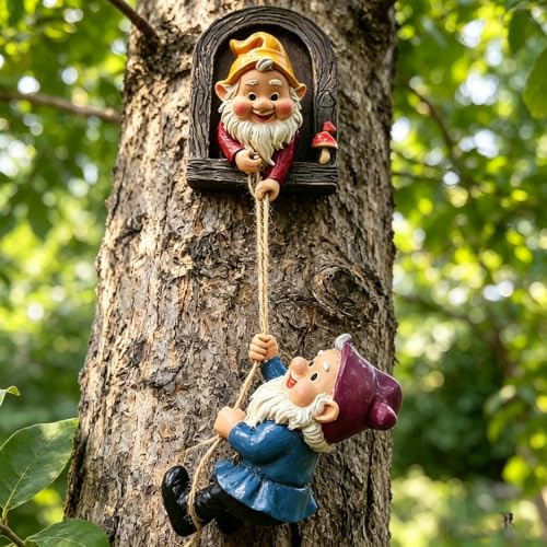 Fhlprte Gnomes de Jardin Grimpeurs d'arbre, Figurine naine à Suspendre, Statuette en résine, Sculpture d'arbre décorative extérieure avec Lanterne Solaire,Accessoires de Jardinage Miniature