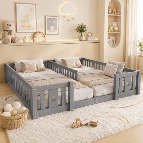 Kinderbett 180x200 Montessori Bett für 2 Kinder, 90x200cm 2-in-1 Einzelbett
