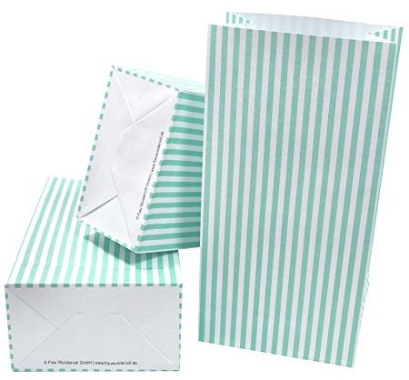Frau WUNDERVoll® 60 PAPIERTÜTEN MIT BODEN TÜRKIS, STREIFEN 12x7x24cm / Blockbodenbeutel, Tüte, Papierbeutel, Papiertüte, Geschenktüte, Geschenkbeutel, Gastgeschenk, Hochzeit, Mitgebseltüte, Falttasche
