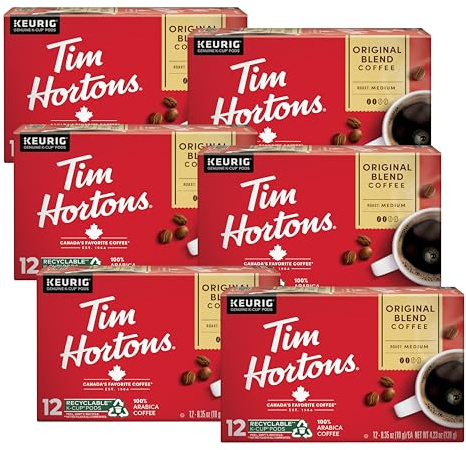 Tim Hortons Original Blend, Medium Roast Coffee, Single-Serve K-Cup Pods Compatible with Keurig Brewers, 72ct K-Cups, 12 Count (Pack of 6)