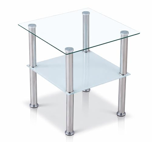 Euro Tische Beistelltisch aus Glas mit Ablage Satiniert quadratisch - 2-Ebenen-Design, Sicherheitsglas & Edelstahlbeine - abgerundet oder eckig - Glasplatte 6mm - Schwarz Satiniert - Glas Couchtisch
