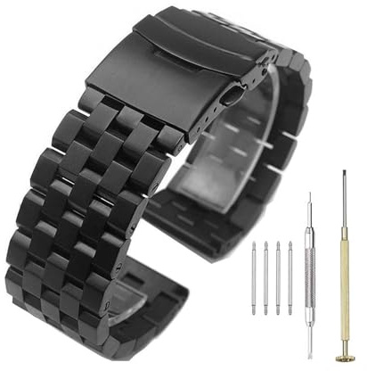 Kai Tian 24mm Schwarzer Ersatz-Armbandgürtel aus hochwertigem Edelstahl Solide Links Ingenieur Uhrenarmbänder Metall Darüber Falten Schnalle Uhrenarmband Armbanduhr für Damen Herren