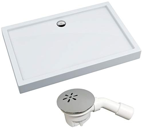 VBChome Duschwanne Duschtasse 80 x 120 x 14 cm Rechteckig für Duschkabine Styroporträger flach Sanitär-Acryl Duschbecken stabil glatt weiß Dusche+ Ablaufgarnitur