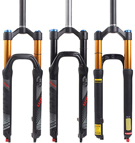 BUCKLOS LUTU 26/27.5/29 Air MTB Suspension Fork, Rebound Adjust Straight Tube 28.6mm QR 9mm Travel 120mm Manual/Crown Lockout Mountain Bike Forks, Ultralight Gas Shock XC Bicycle (Black Gold, 26)