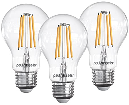 paul russells E27 Edison Screw LED Filament – 4.5Watt 40W Equivalent 470LM Lumens 2700K ES Standard GLS A60 – Super Bright Energy Saving Light Non-Dimmable - Warm White Bulbs - 3 Pack