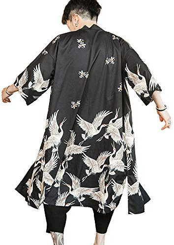 HAORUN Herren Japanischer Kimono Mantel Lose Yukata Outwear Lange Bademantel Tops Vintage, Schwarz, XX-Large