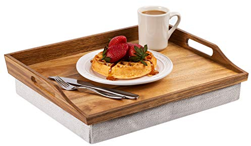 ROSSIE HOME Bandeja de Cama de Madera de Acacia con cojín Desmontable, Bandeja para Servir, Color Natural, se Adapta a portátiles de hasta 15.6 Pulgadas, Estilo n.º 76106