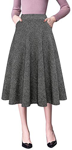 IDEALSANXUN Black Midi Skirt for Women Fall Winter A Line Wool Pleated Skirt, Black, M
