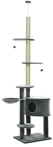 PawHut Árbol Rascador para Gatos de 220-265 cm Altura Ajustable al Techo con Plataformas Bolas de Juego Poste de Sisal Natural Gris Oscuro