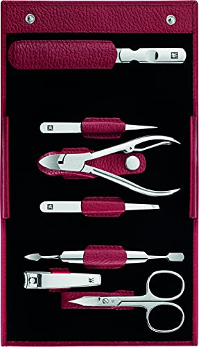 ZWILLING Maniküre-Set (7 teilig, Pediküreset, Reise Etui Set, Nagelpflege, Echtleder), Edelstahl Poliert, Rot